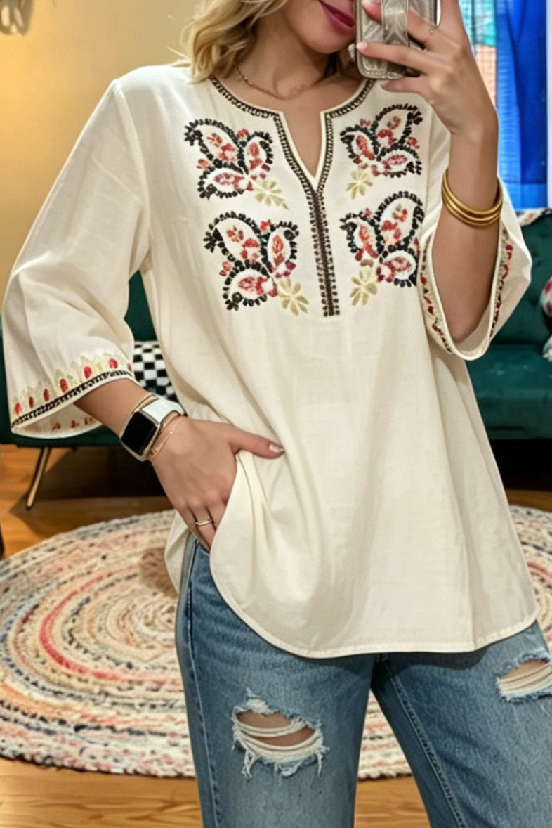 Casual Embroidered V-Neck Casual Blouse