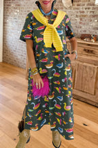 Duck Print Short Sleeve Maxi Dress