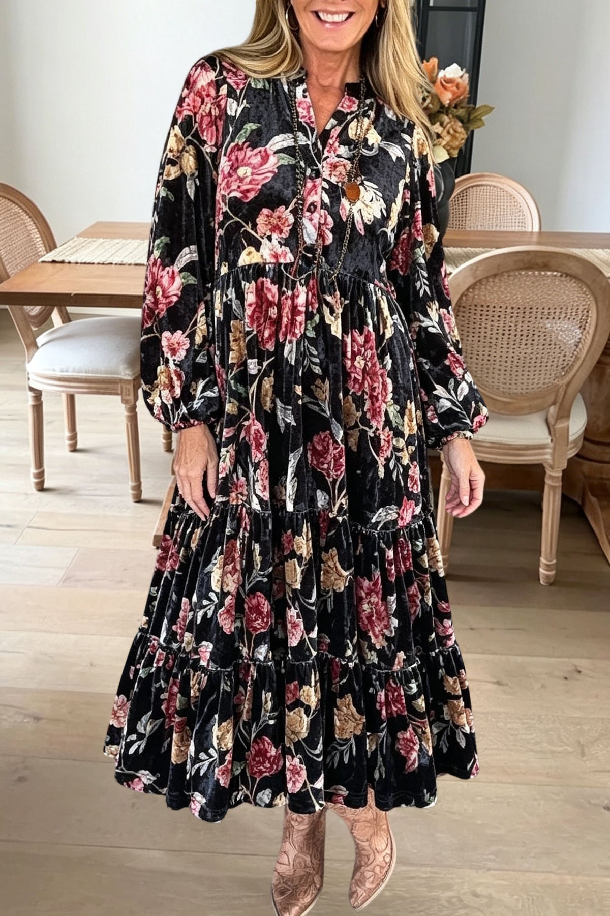 Floral Velvet Tiered Pocket Maxi Dress