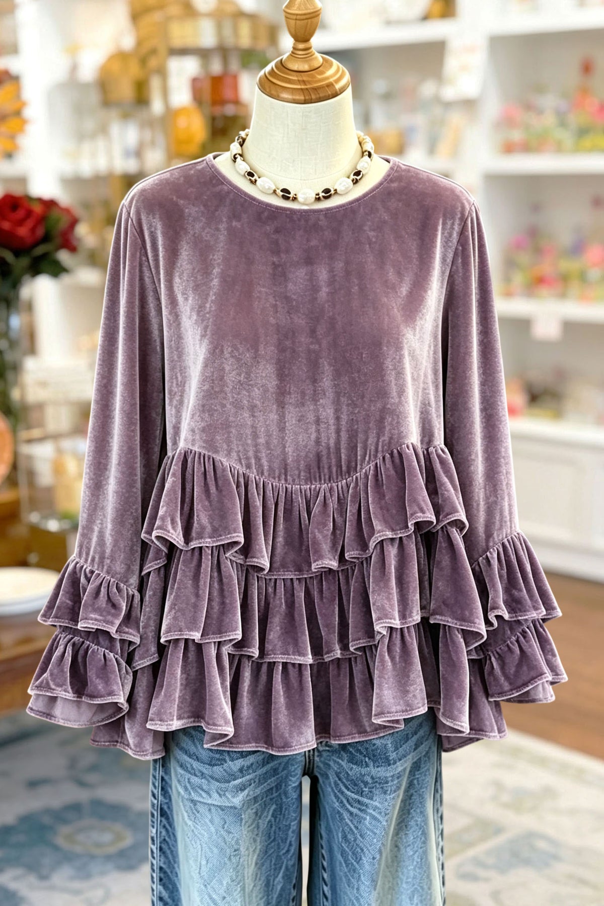 Elegant Velvet Tiered Ruffled Long Sleeve Top