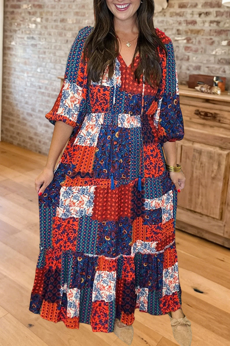 Floral Patchwork Tiered Maxi Dress