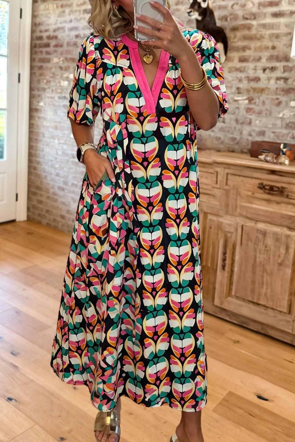 Geometric Print V-Neck Midi Dress