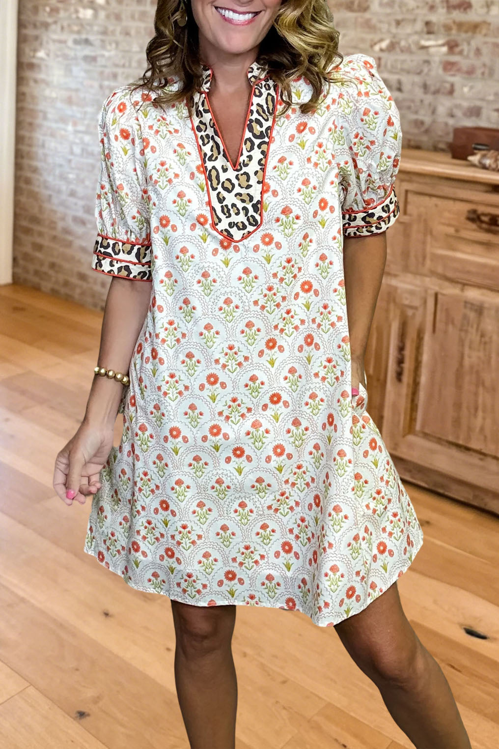 Floral Leopard Trim V-Neck Mini Dress