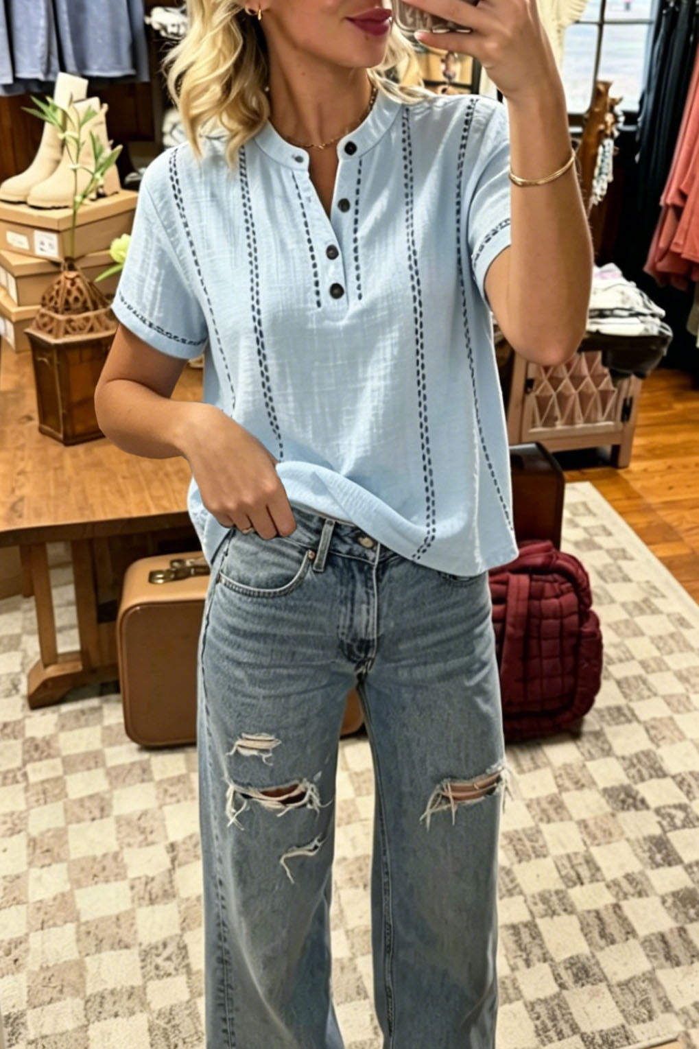 Textured Striped Button Top