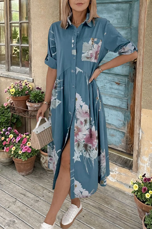 Floral Printed Button Shirt Midi Dress