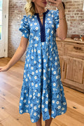 Floral Print V-Neck Puff Sleeve Maxi Dress