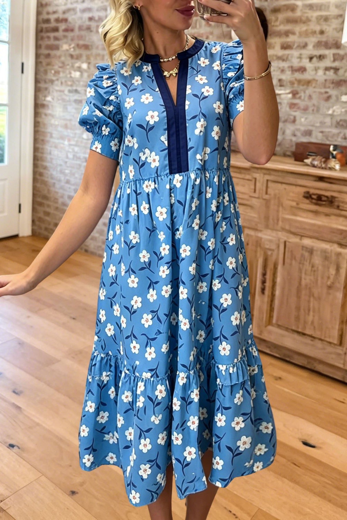 Floral Print V-Neck Puff Sleeve Maxi Dress