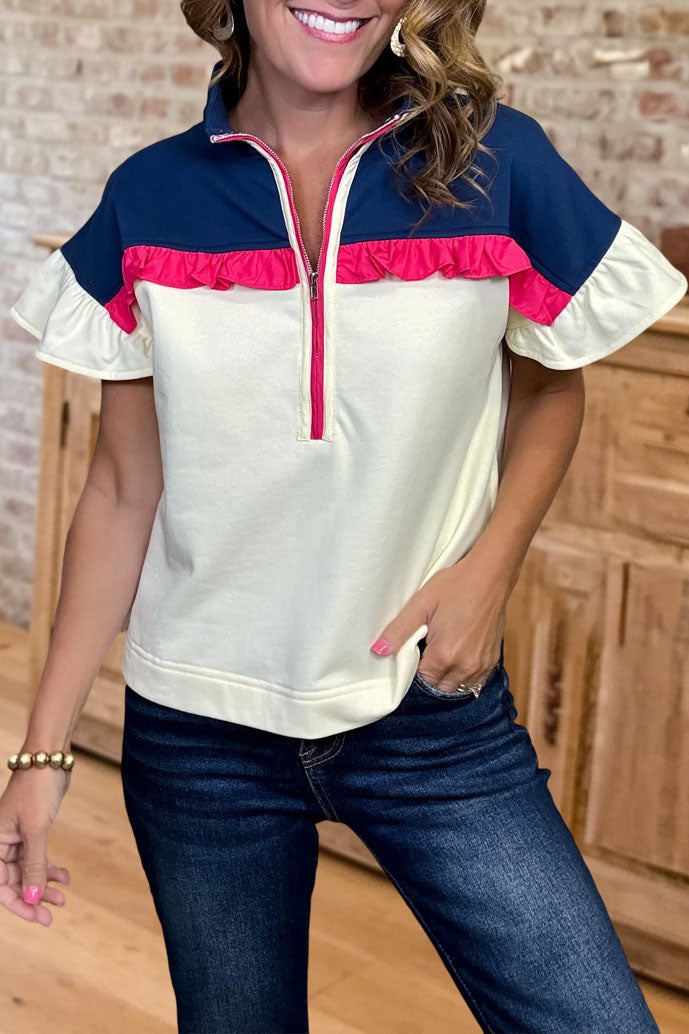 Colorblock Ruffle Zipper Half-Zip Top