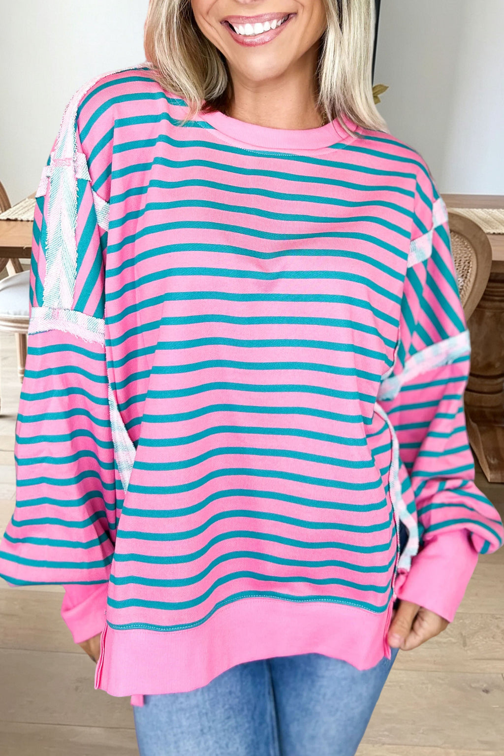 Striped Frayed Colorblock Sweatshirt