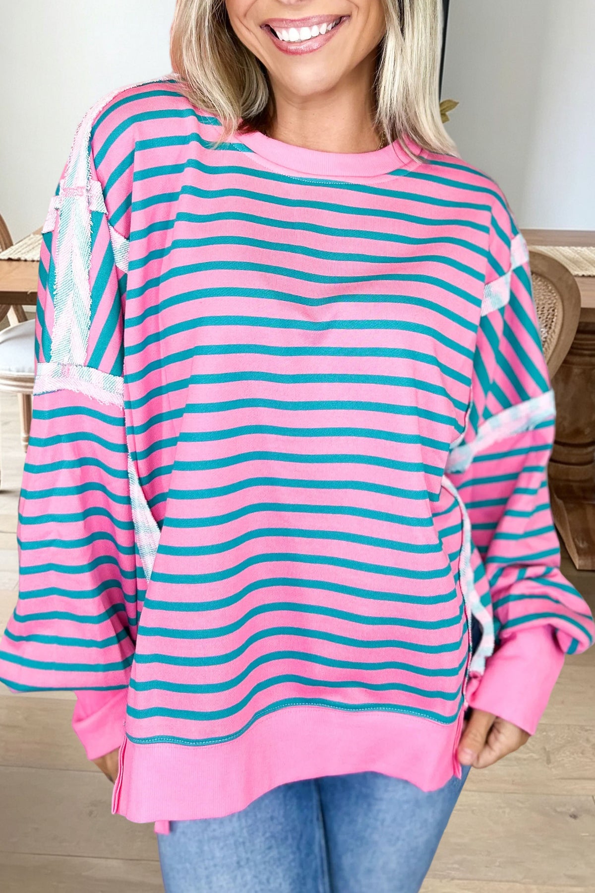 Striped Frayed Colorblock Sweatshirt