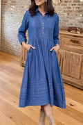 Pleated Button Pocket Denim Midi Dress