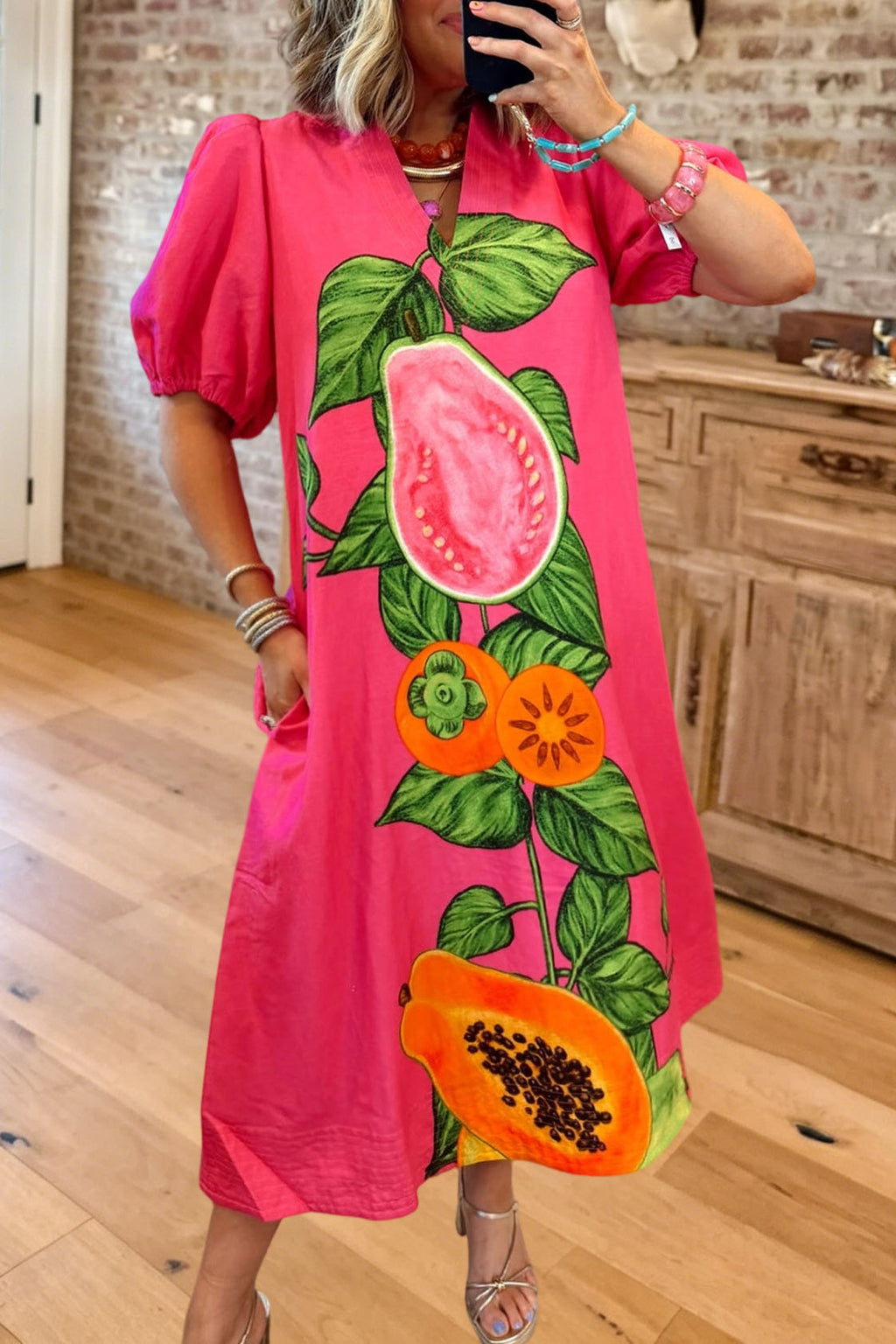 Fruit Print Puff Sleeve Maxi Dress
