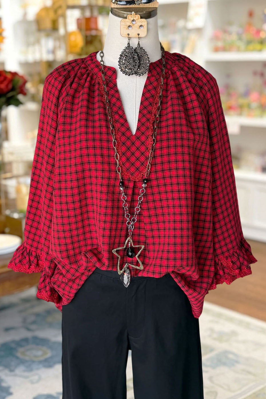 Plaid Ruffle Sleeve Lace Trim Blouse