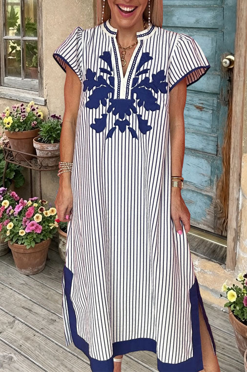 Striped Embroidered V-Neck Maxi Dress