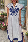 Striped Embroidered V-Neck Maxi Dress