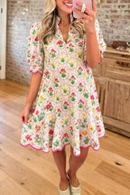 Floral Scallop Trim Puff Sleeve Dress