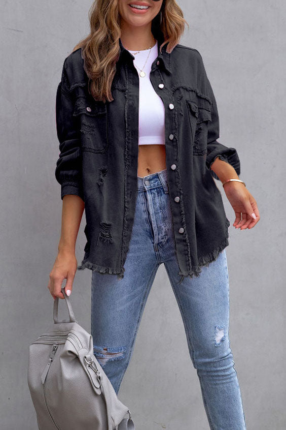 Distressed Raw Hem Denim Jacket