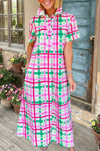 Plaid Lapel Short Sleeve Maxi Dress