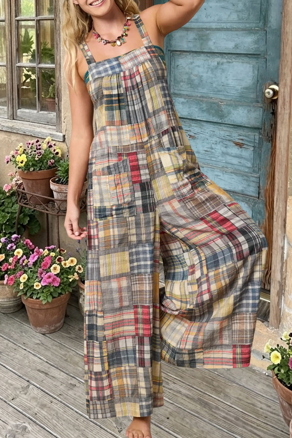 Plaid Patchwork Wide Leg Jumpsuit
