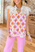 Floral Eyelet Lace Tassel V-Neck Top