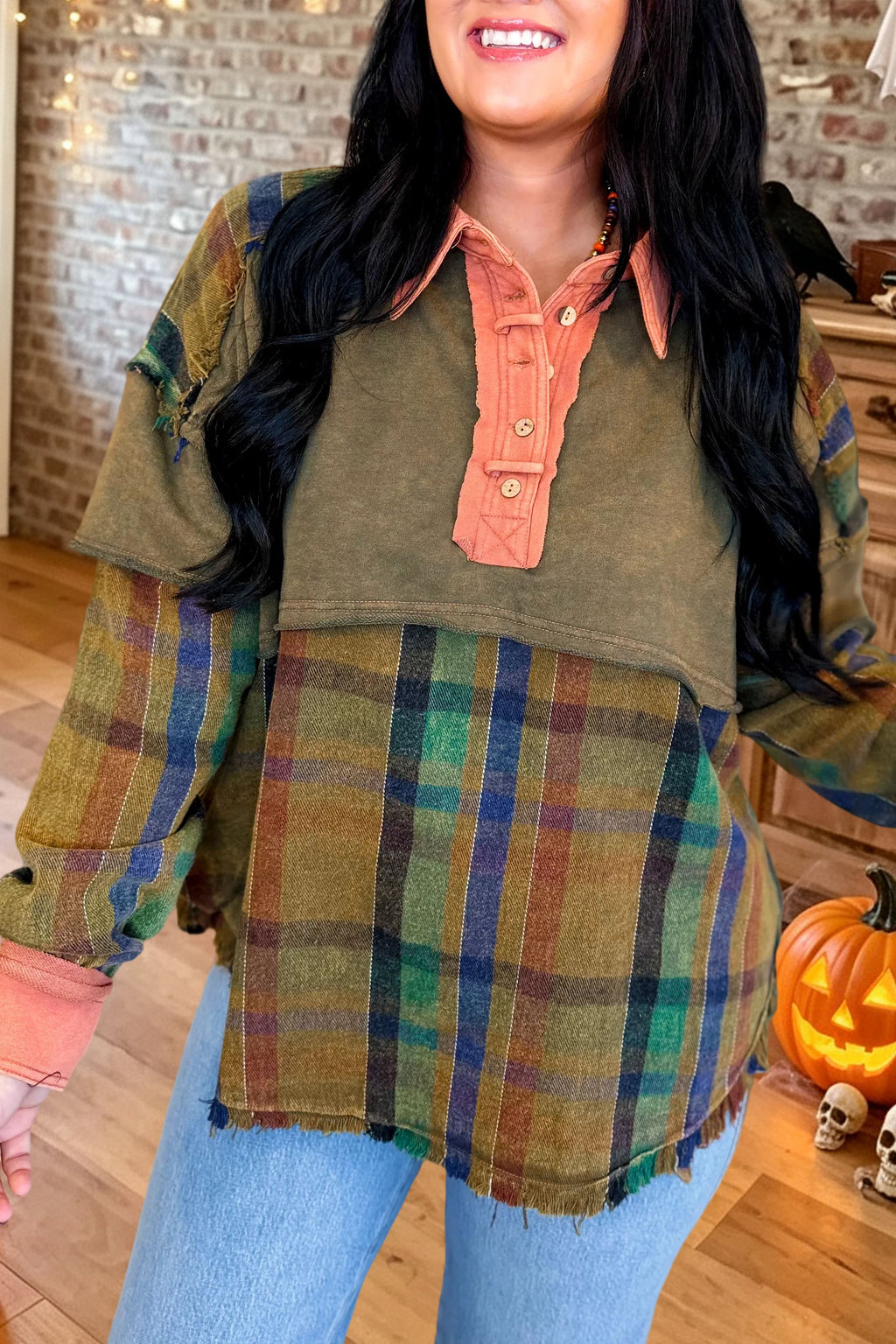 Plaid Raw Hem Henley Pullover Top