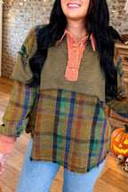 Plaid Raw Hem Henley Pullover Top