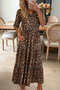 Leopard Print Tiered V Neck Maxi Dress