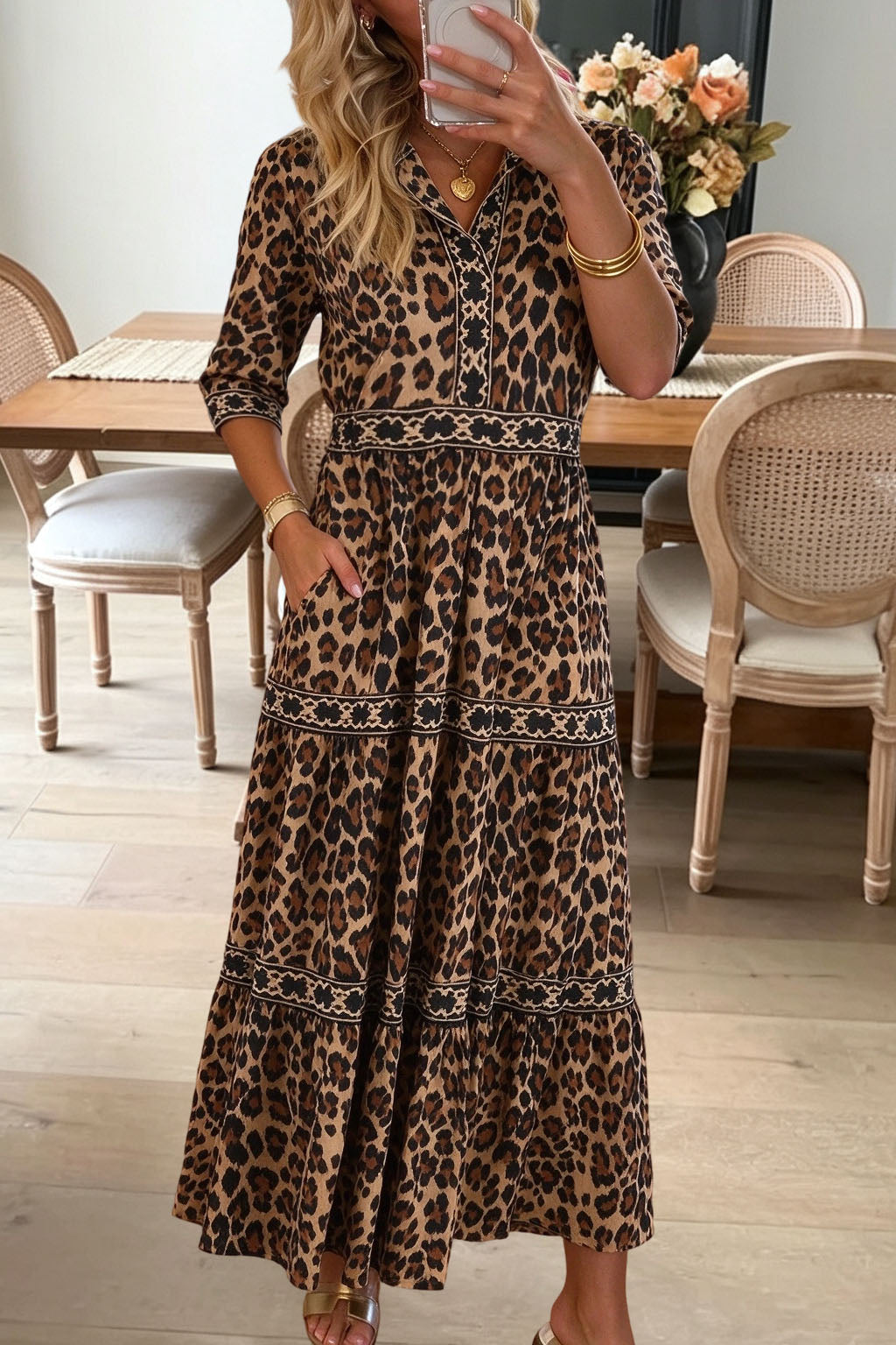 Leopard Print Tiered V Neck Maxi Dress