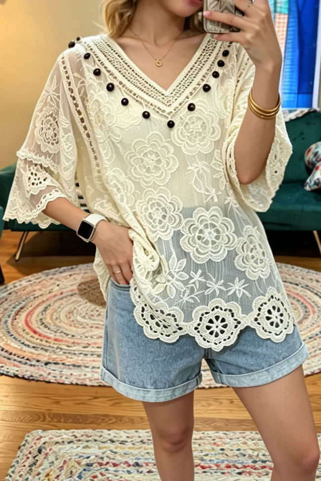 Floral Lace Crochet V-Neck Blouse