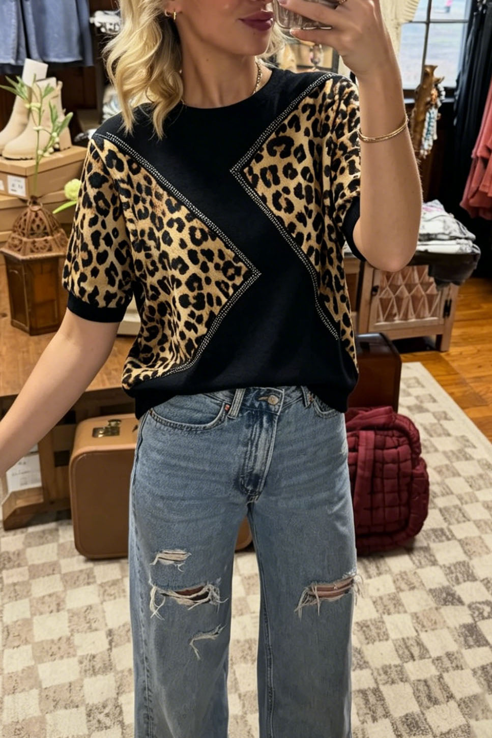 Leopard Print Color Block Top
