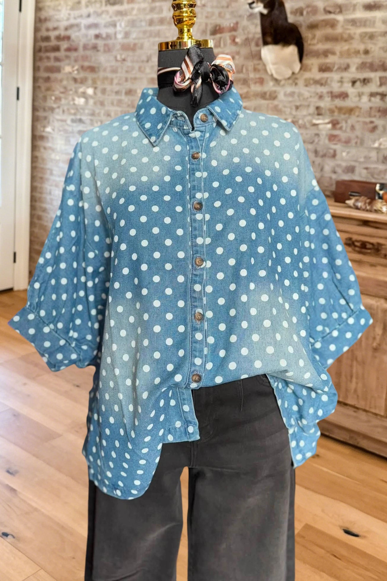 Polka Dot Denim Button Down Shirt
