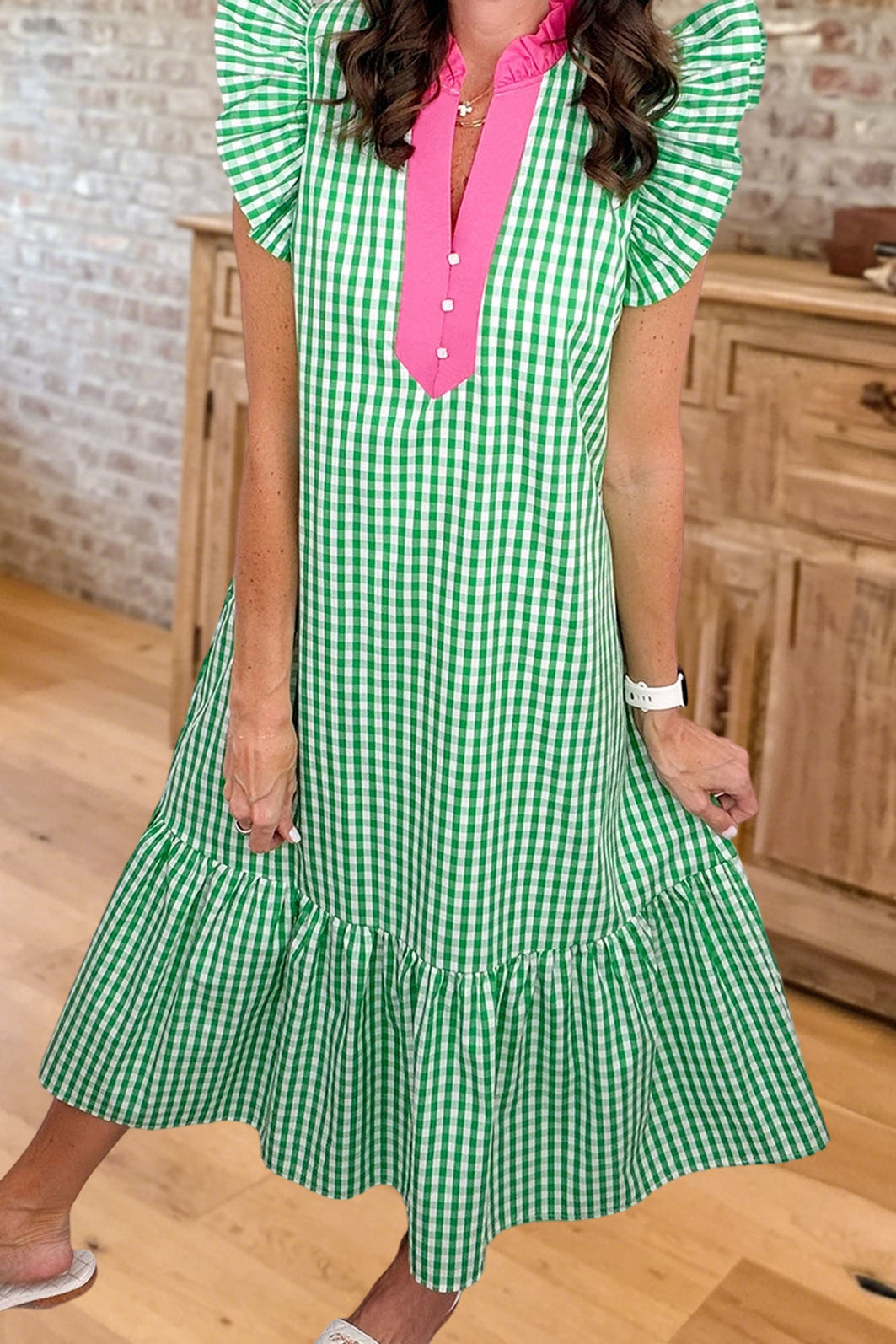 Gingham Flutter Sleeve Midi Dress