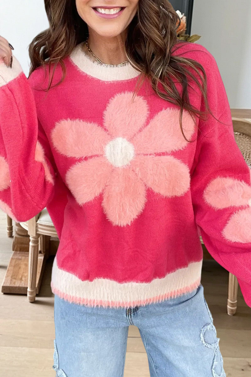 Floral Fuzzy Colorblock Crewneck Sweater