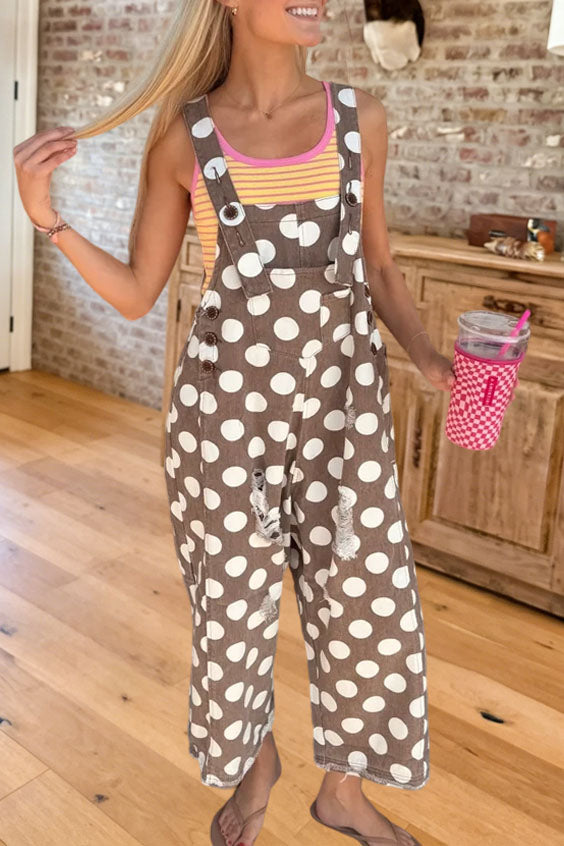Polka Dot Distressed Denim Overalls