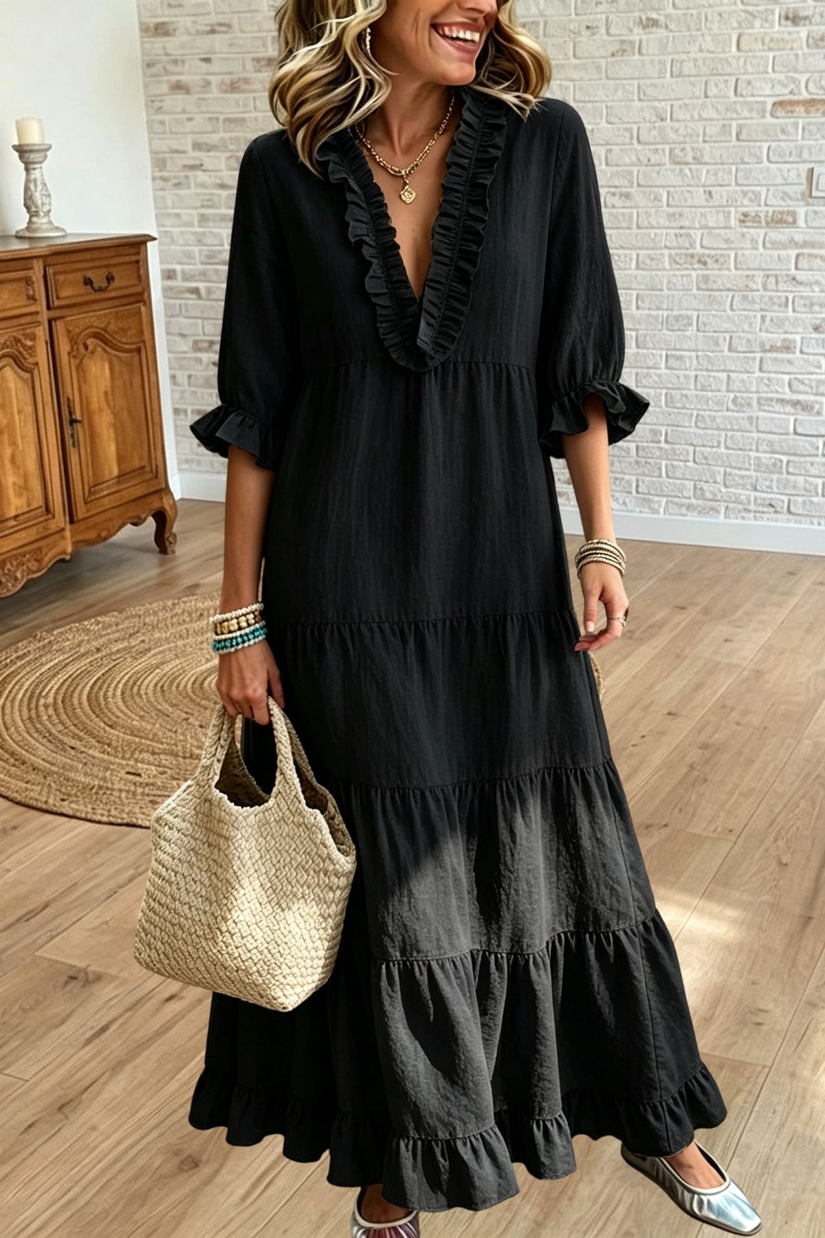 Ruffle V Neck Maxi Dress