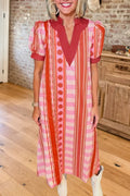Striped Printed V Neck Midi Dress