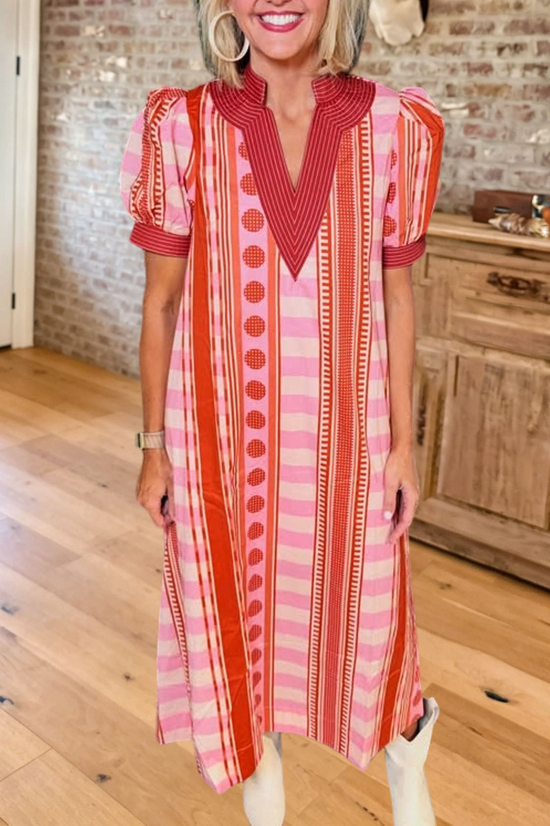 Striped Printed V Neck Midi Dress