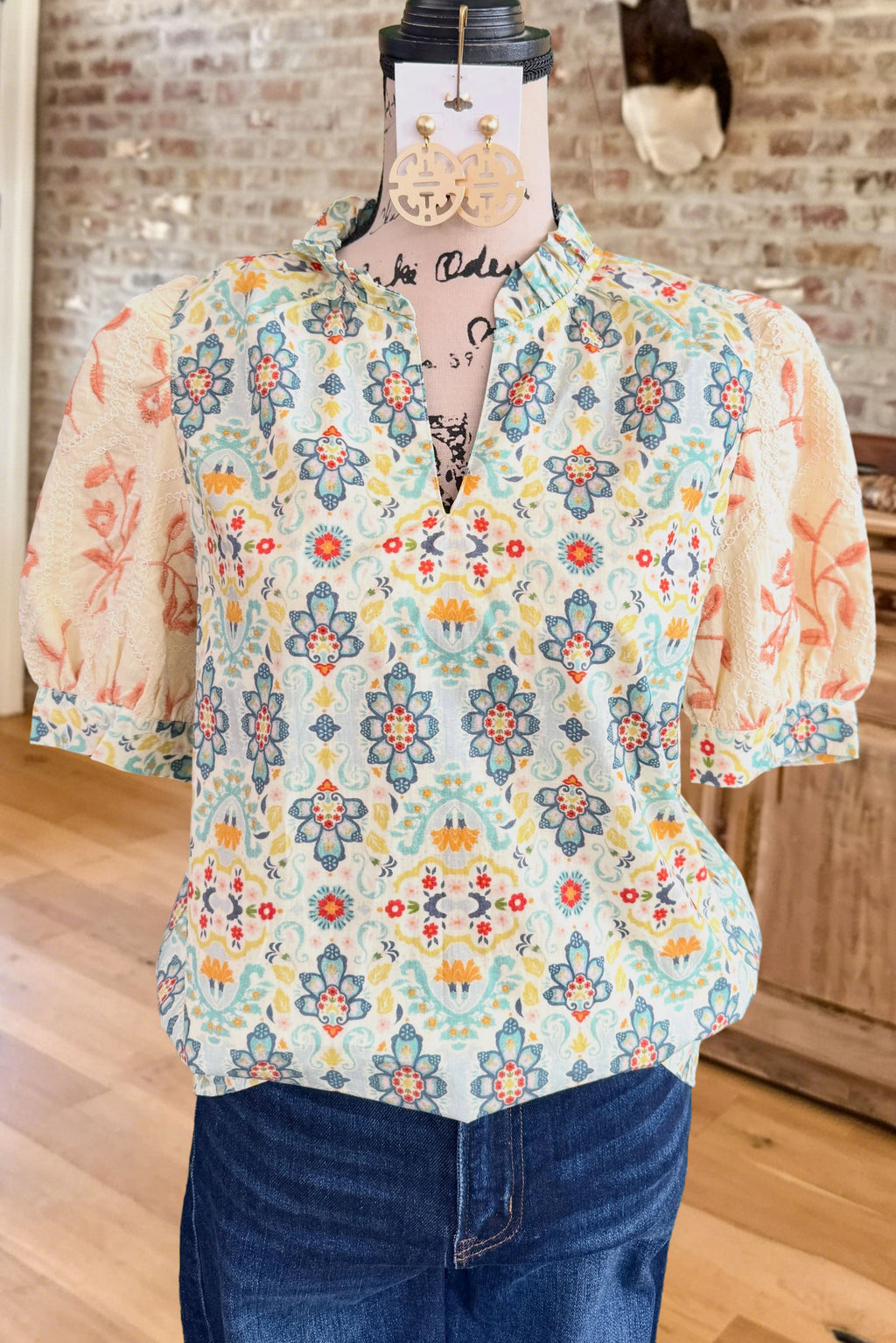 Boho Floral Print Puff Sleeve Top