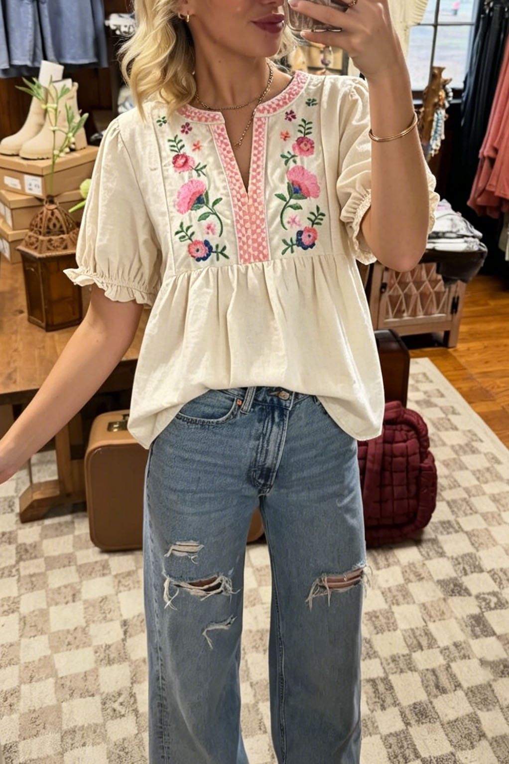Embroidered Floral Boho V-Neck Blouse