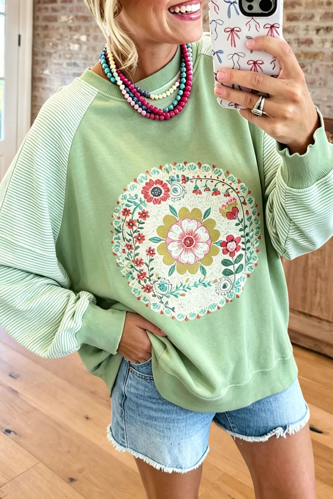 Floral Print Striped Raglan Sweatshirt