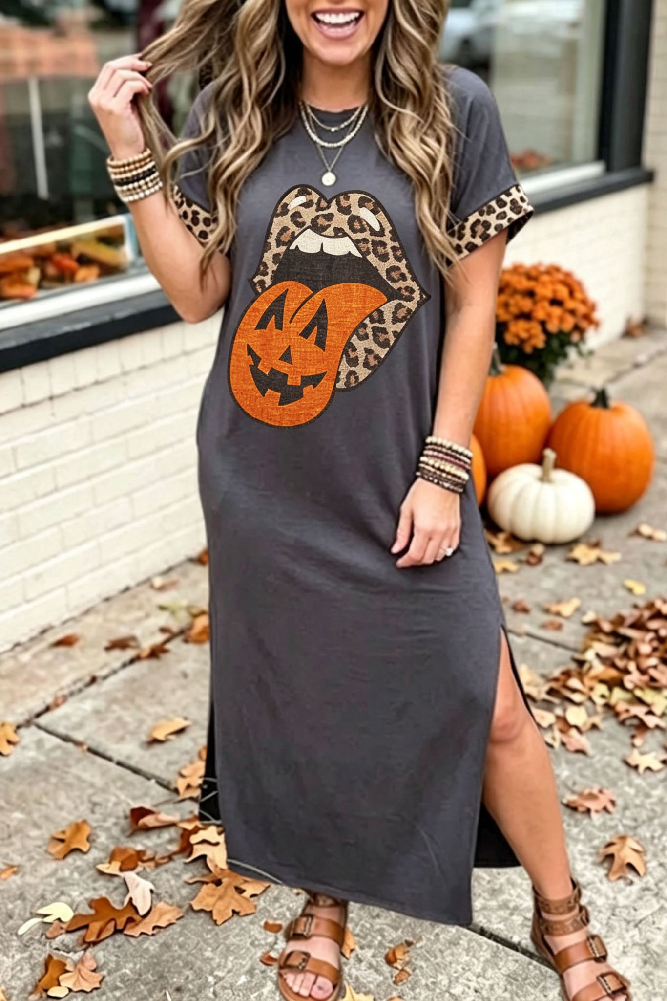 Leopard Lips Pumpkin Graphic Maxi Dress