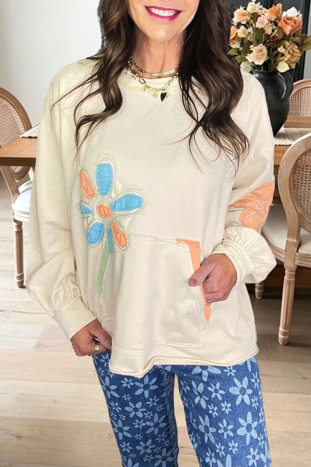 Floral Appliqué Pocket Sweatshirt