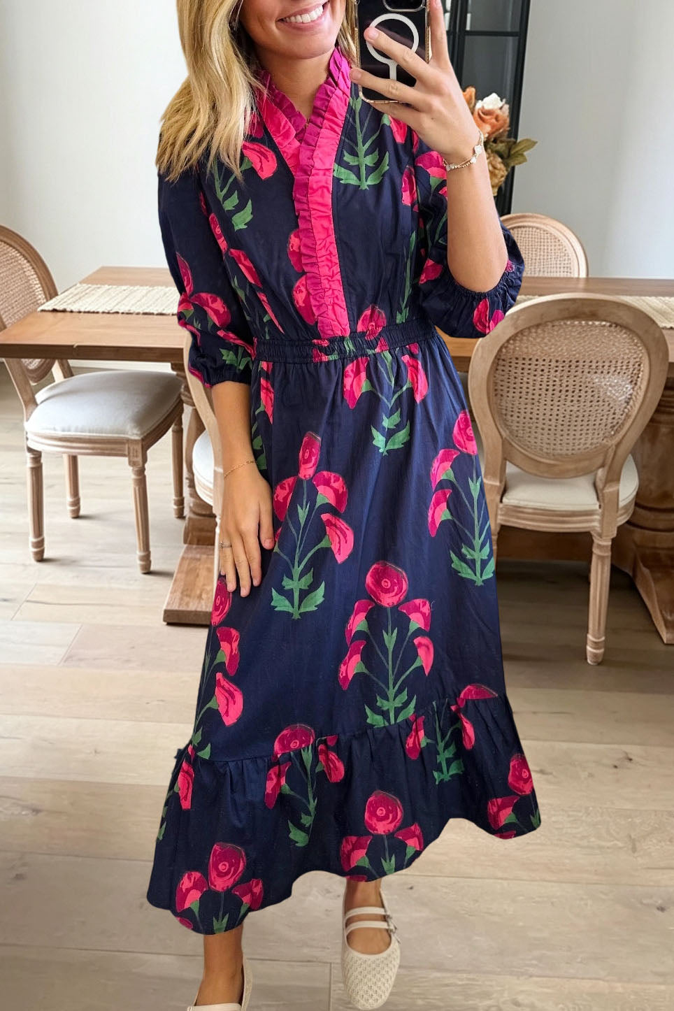 Floral Ruffle Trim Midi Dress