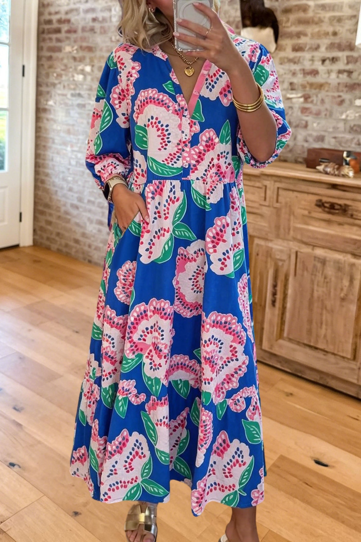 Floral Print V-Neck Pockets Maxi Dress