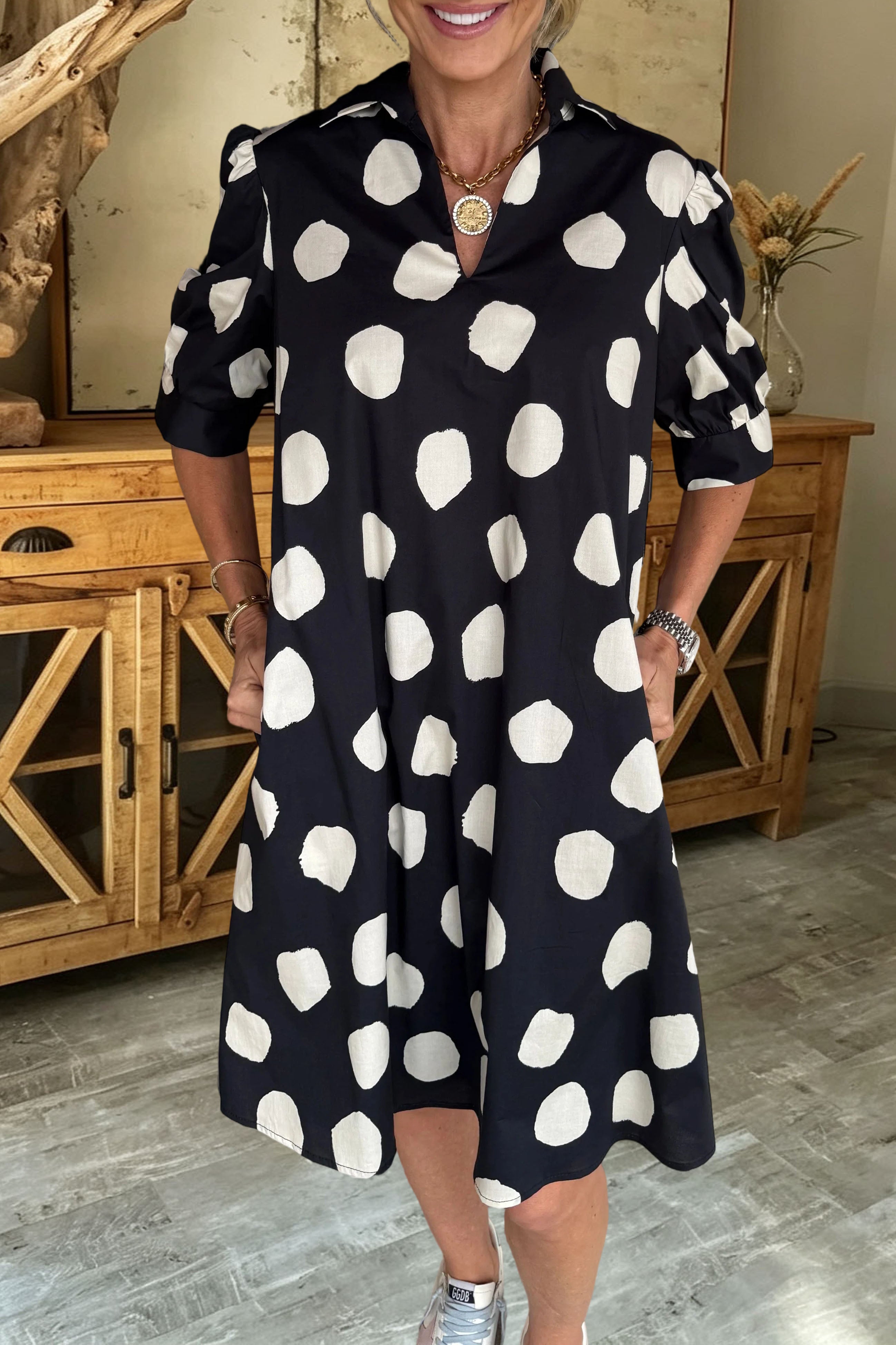 Polka Dot V-Neck Shirt Dress