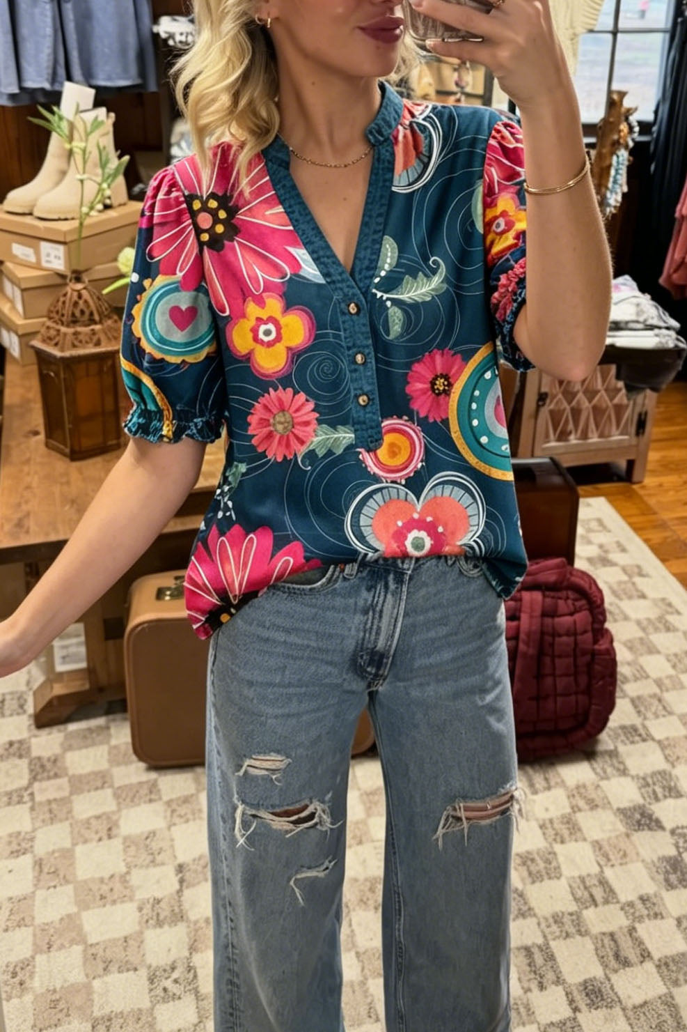 Boho Floral V-Neck Puff Sleeve Blouse