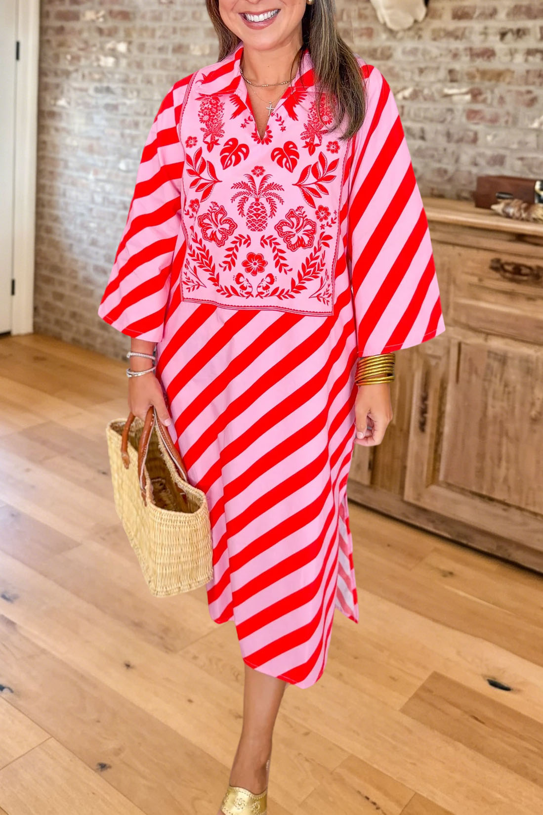 Striped Embroidered V Neck Dress