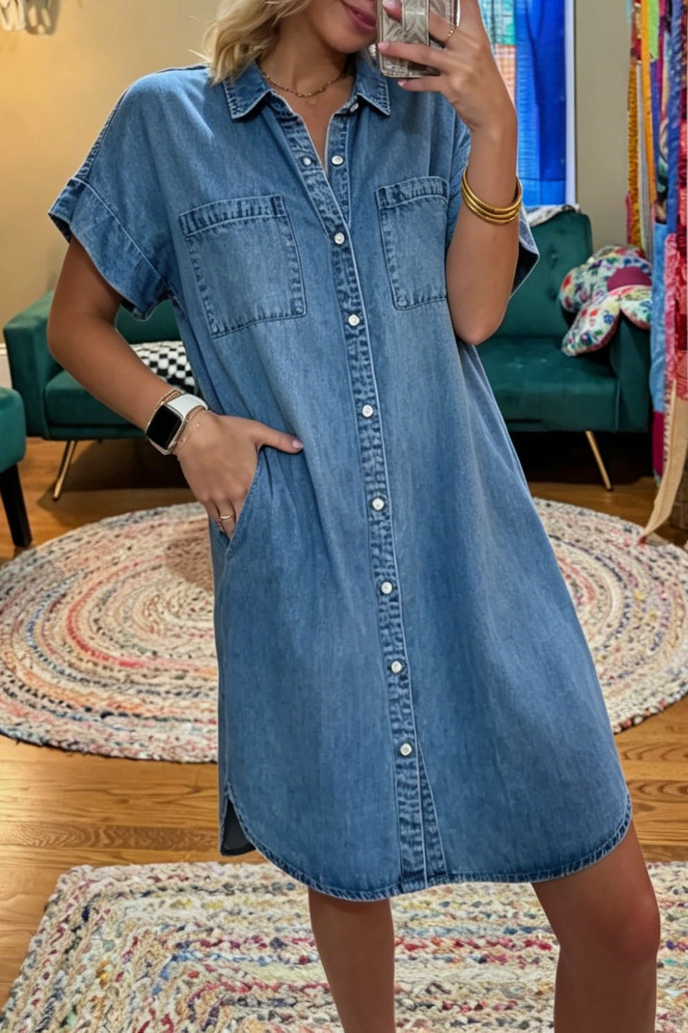 Short Sleeve Button Up Denim Shirt Dress