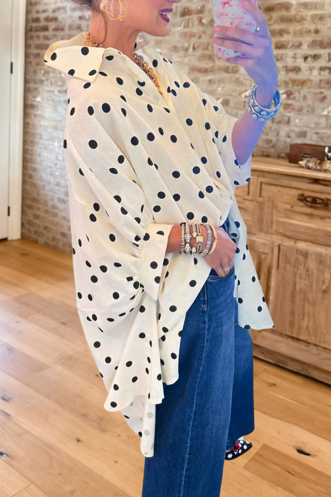 Polka Dot Loose Button Up Blouse