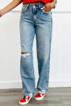 Mid Rise Distressed Straight Leg Jeans